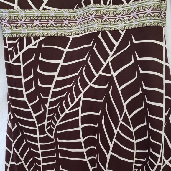 TORY BURCH Brown Abstract Banana Leaf Print V Quarter Empire Silk Sheath Dress M - Picture 8 of 16